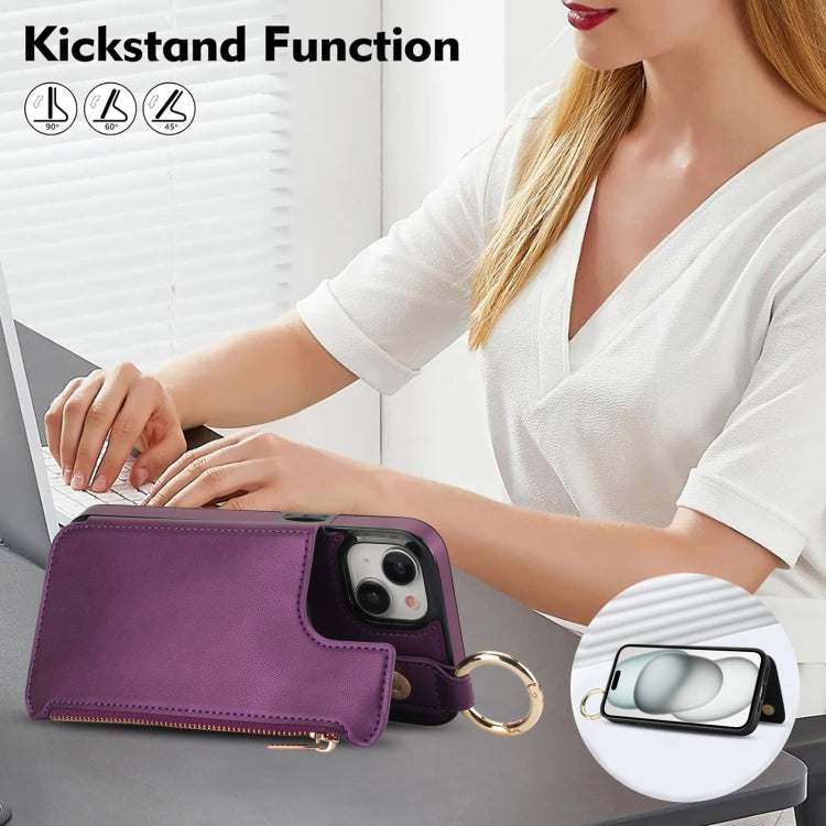 For iPhone 14 Plus RFlD Anti-theft Double Buckle Ring Zipper Card Phone Case(Dark Purple) - iPhone 14 Plus Cases by buy2fix | Online Shopping UK | buy2fix