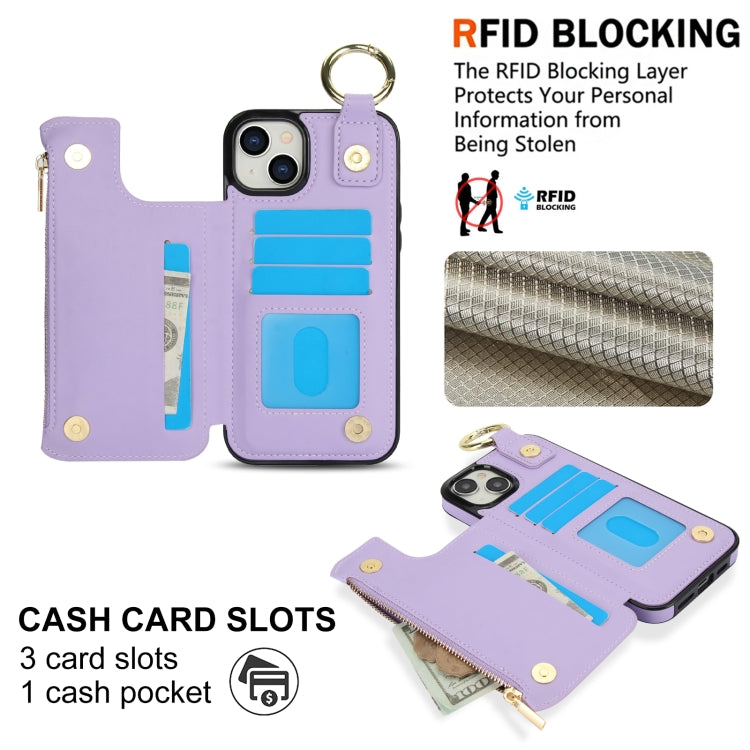 For iPhone 14 Plus RFlD Anti-theft Double Buckle Ring Zipper Card Phone Case(Purple) - iPhone 14 Plus Cases by buy2fix | Online Shopping UK | buy2fix