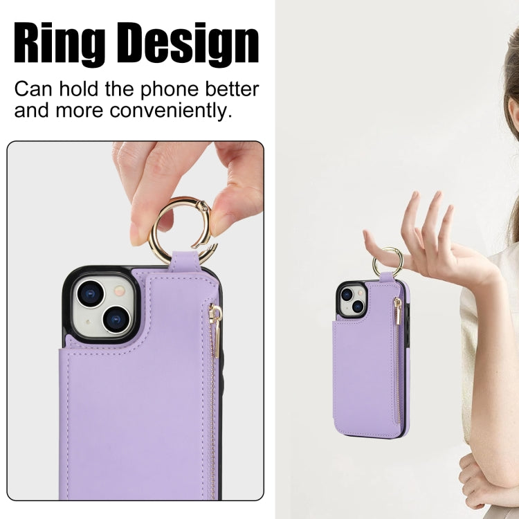 For iPhone 14 Plus RFlD Anti-theft Double Buckle Ring Zipper Card Phone Case(Purple) - iPhone 14 Plus Cases by buy2fix | Online Shopping UK | buy2fix