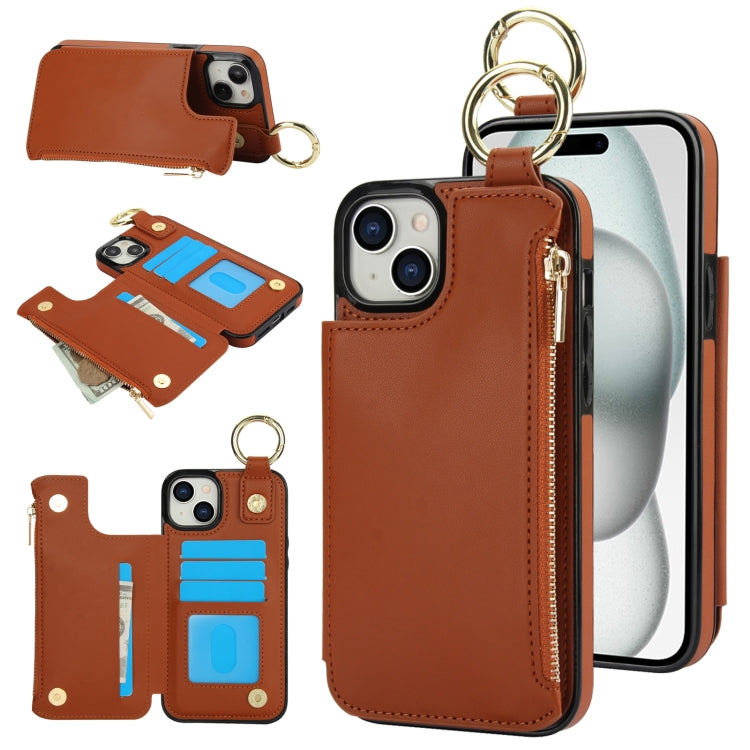 For iPhone 14 Plus RFlD Anti-theft Double Buckle Ring Zipper Card Phone Case(Brown) - iPhone 14 Plus Cases by buy2fix | Online Shopping UK | buy2fix
