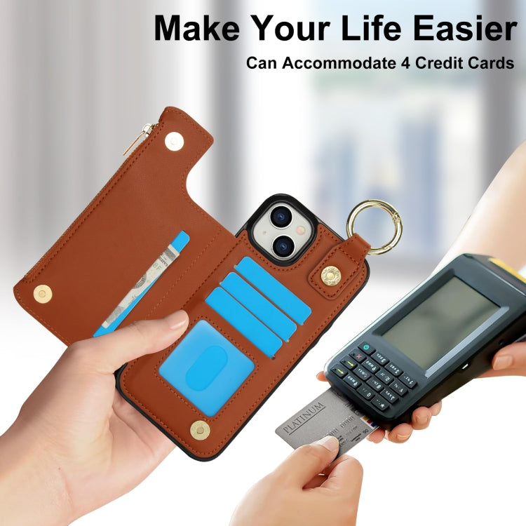 For iPhone 14 / 13 RFlD Anti-theft Double Buckle Ring Zipper Card Phone Case(Brown) - iPhone 14 Cases by buy2fix | Online Shopping UK | buy2fix