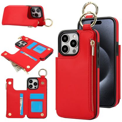 For iPhone 14 Pro RFlD Anti-theft Double Buckle Ring Zipper Card Phone Case(Red) - iPhone 14 Pro Cases by buy2fix | Online Shopping UK | buy2fix