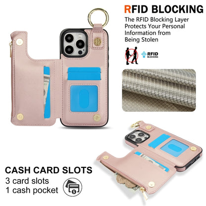 For iPhone 14 Pro RFlD Anti-theft Double Buckle Ring Zipper Card Phone Case(Rose Gold) - iPhone 14 Pro Cases by buy2fix | Online Shopping UK | buy2fix