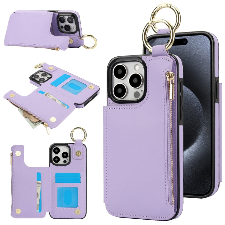 For iPhone 14 Pro RFlD Anti-theft Double Buckle Ring Zipper Card Phone Case(Purple) - iPhone 14 Pro Cases by buy2fix | Online Shopping UK | buy2fix