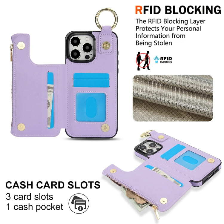 For iPhone 14 Pro RFlD Anti-theft Double Buckle Ring Zipper Card Phone Case(Purple) - iPhone 14 Pro Cases by buy2fix | Online Shopping UK | buy2fix