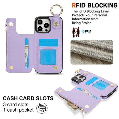 For iPhone 14 Pro RFlD Anti-theft Double Buckle Ring Zipper Card Phone Case(Purple) - iPhone 14 Pro Cases by buy2fix | Online Shopping UK | buy2fix
