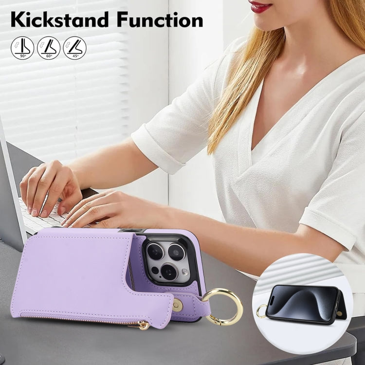 For iPhone 14 Pro RFlD Anti-theft Double Buckle Ring Zipper Card Phone Case(Purple) - iPhone 14 Pro Cases by buy2fix | Online Shopping UK | buy2fix