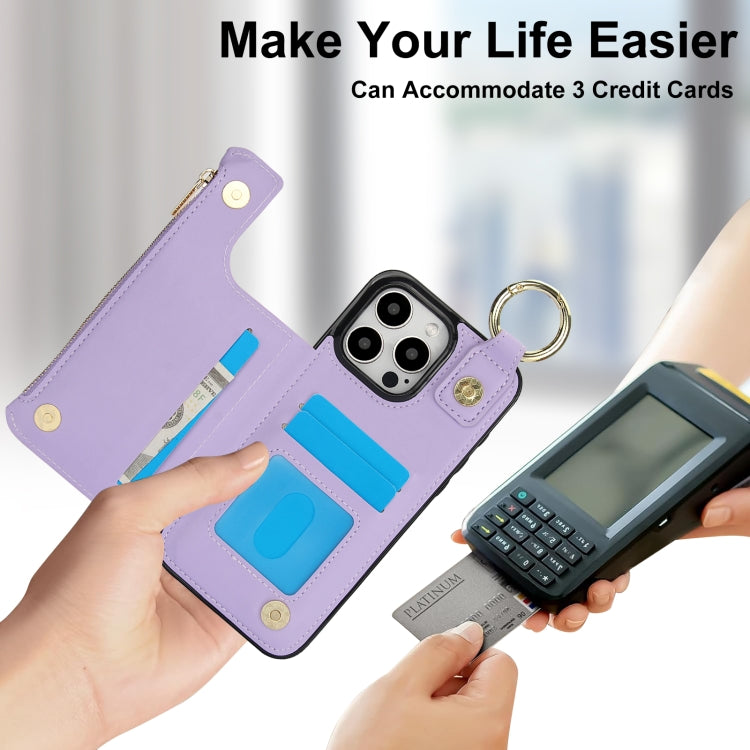 For iPhone 14 Pro RFlD Anti-theft Double Buckle Ring Zipper Card Phone Case(Purple) - iPhone 14 Pro Cases by buy2fix | Online Shopping UK | buy2fix