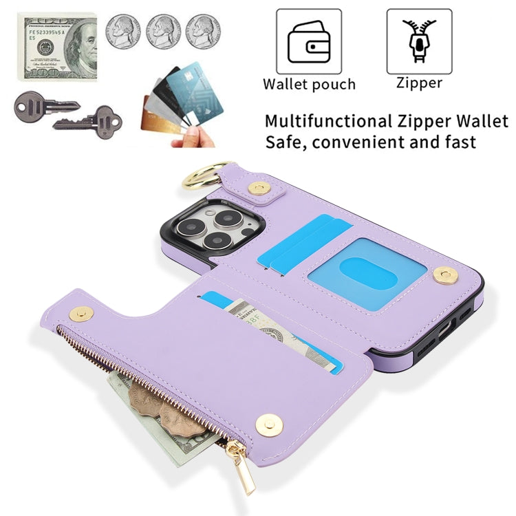 For iPhone 14 Pro RFlD Anti-theft Double Buckle Ring Zipper Card Phone Case(Purple) - iPhone 14 Pro Cases by buy2fix | Online Shopping UK | buy2fix