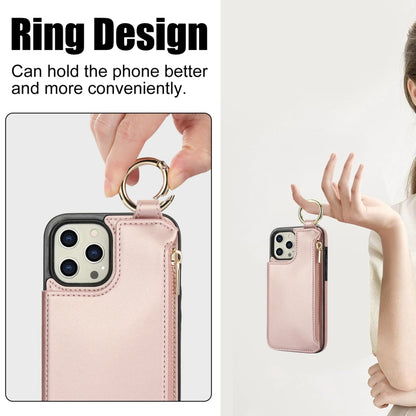 For iPhone 14 Pro Max RFlD Anti-theft Double Buckle Ring Zipper Card Phone Case(Rose Gold) - iPhone 14 Pro Max Cases by buy2fix | Online Shopping UK | buy2fix