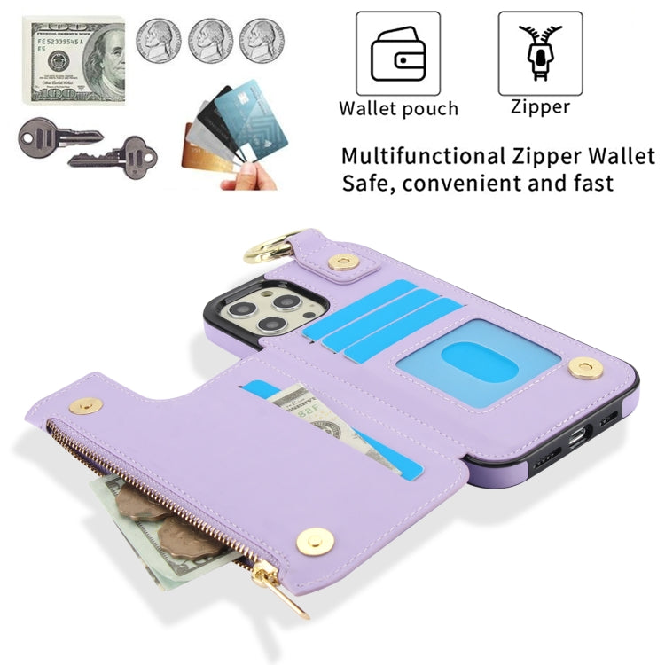 For iPhone 14 Pro Max RFlD Anti-theft Double Buckle Ring Zipper Card Phone Case(Purple) - iPhone 14 Pro Max Cases by buy2fix | Online Shopping UK | buy2fix