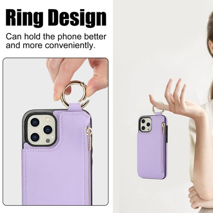 For iPhone 14 Pro Max RFlD Anti-theft Double Buckle Ring Zipper Card Phone Case(Purple) - iPhone 14 Pro Max Cases by buy2fix | Online Shopping UK | buy2fix