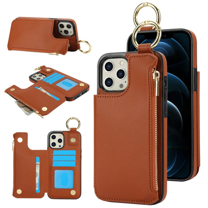 For iPhone 14 Pro Max RFlD Anti-theft Double Buckle Ring Zipper Card Phone Case(Brown) - iPhone 14 Pro Max Cases by buy2fix | Online Shopping UK | buy2fix