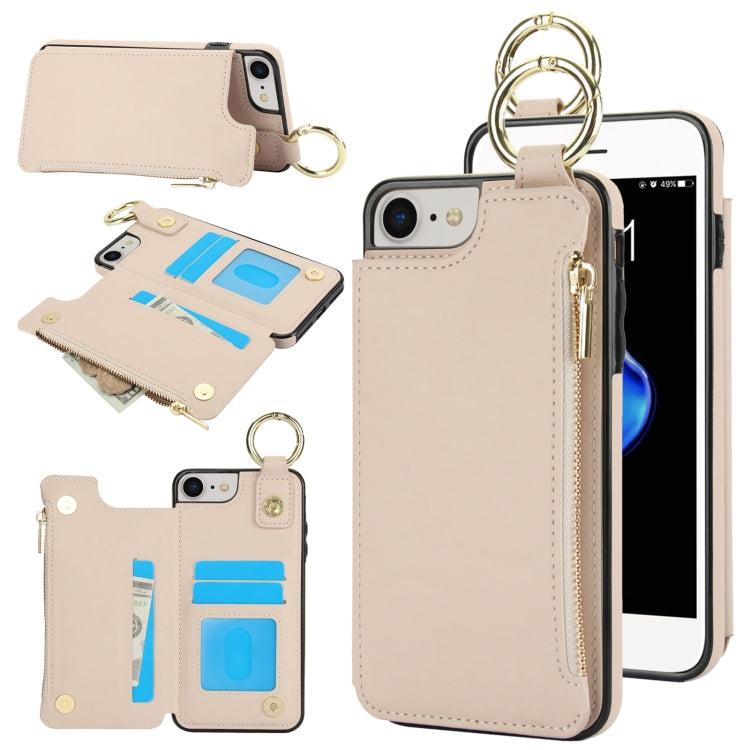 For iPhone SE 2022 / SE 2020 / 7 / 8 RFlD Anti-theft Double Buckle Ring Zipper Card Phone Case(White) - iPhone SE 2022 / 2020 / 8 / 7 Cases by buy2fix | Online Shopping UK | buy2fix