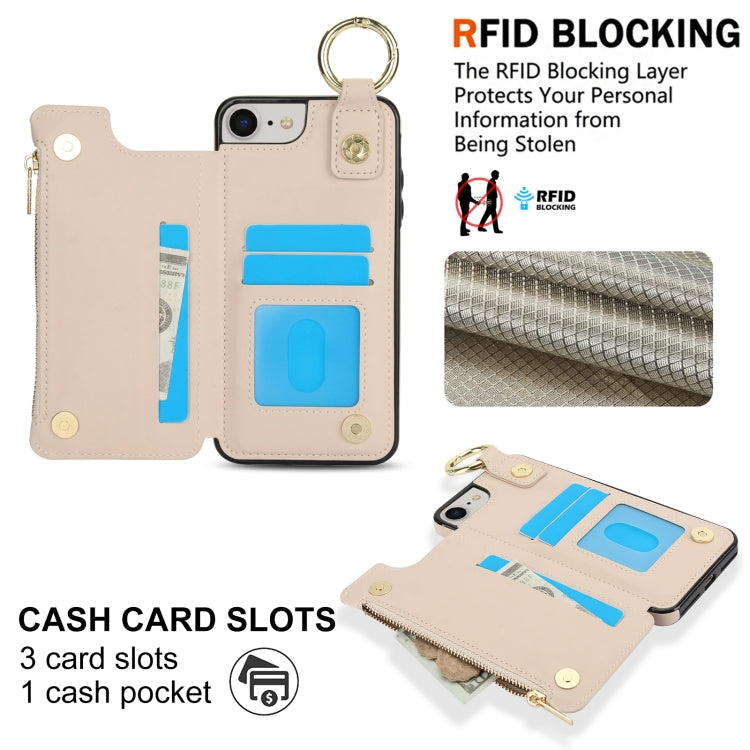 For iPhone SE 2022 / SE 2020 / 7 / 8 RFlD Anti-theft Double Buckle Ring Zipper Card Phone Case(White) - iPhone SE 2022 / 2020 / 8 / 7 Cases by buy2fix | Online Shopping UK | buy2fix