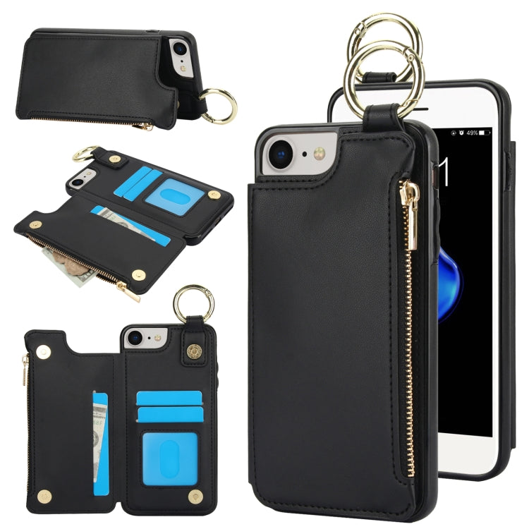 For iPhone SE 2022 / SE 2020 / 7 / 8 RFlD Anti-theft Double Buckle Ring Zipper Card Phone Case(Black) - iPhone SE 2022 / 2020 / 8 / 7 Cases by buy2fix | Online Shopping UK | buy2fix