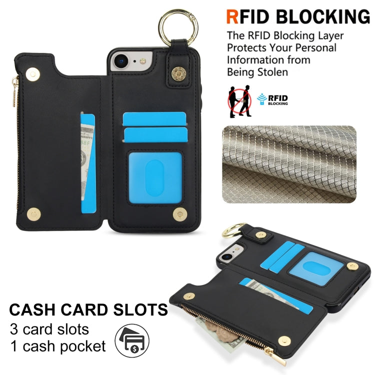 For iPhone SE 2022 / SE 2020 / 7 / 8 RFlD Anti-theft Double Buckle Ring Zipper Card Phone Case(Black) - iPhone SE 2022 / 2020 / 8 / 7 Cases by buy2fix | Online Shopping UK | buy2fix