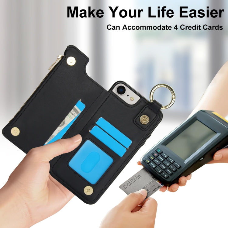 For iPhone SE 2022 / SE 2020 / 7 / 8 RFlD Anti-theft Double Buckle Ring Zipper Card Phone Case(Black) - iPhone SE 2022 / 2020 / 8 / 7 Cases by buy2fix | Online Shopping UK | buy2fix