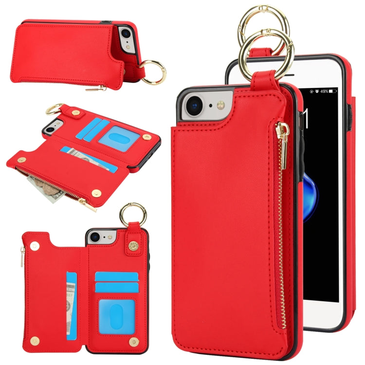 For iPhone SE 2022 / SE 2020 / 7 / 8 RFlD Anti-theft Double Buckle Ring Zipper Card Phone Case(Red) - iPhone SE 2022 / 2020 / 8 / 7 Cases by buy2fix | Online Shopping UK | buy2fix