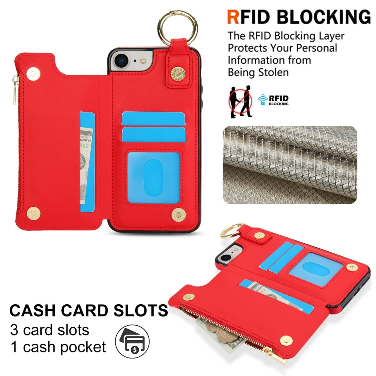 For iPhone SE 2022 / SE 2020 / 7 / 8 RFlD Anti-theft Double Buckle Ring Zipper Card Phone Case(Red) - iPhone SE 2022 / 2020 / 8 / 7 Cases by buy2fix | Online Shopping UK | buy2fix