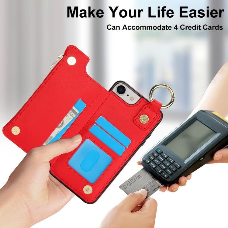 For iPhone SE 2022 / SE 2020 / 7 / 8 RFlD Anti-theft Double Buckle Ring Zipper Card Phone Case(Red) - iPhone SE 2022 / 2020 / 8 / 7 Cases by buy2fix | Online Shopping UK | buy2fix