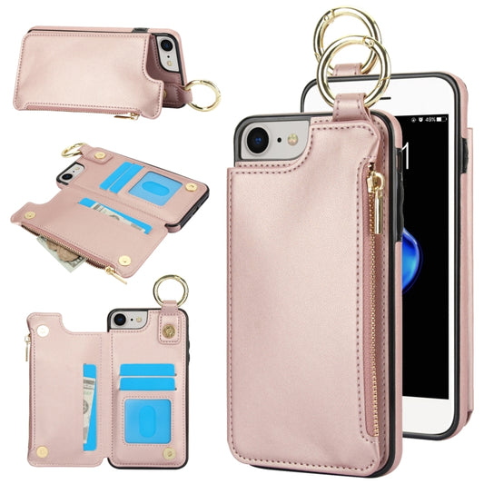 For iPhone SE 2022 / SE 2020 / 7 / 8 RFlD Anti-theft Double Buckle Ring Zipper Card Phone Case(Rose Gold) - iPhone SE 2022 / 2020 / 8 / 7 Cases by buy2fix | Online Shopping UK | buy2fix