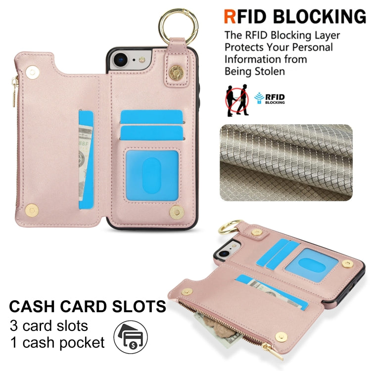 For iPhone SE 2022 / SE 2020 / 7 / 8 RFlD Anti-theft Double Buckle Ring Zipper Card Phone Case(Rose Gold) - iPhone SE 2022 / 2020 / 8 / 7 Cases by buy2fix | Online Shopping UK | buy2fix