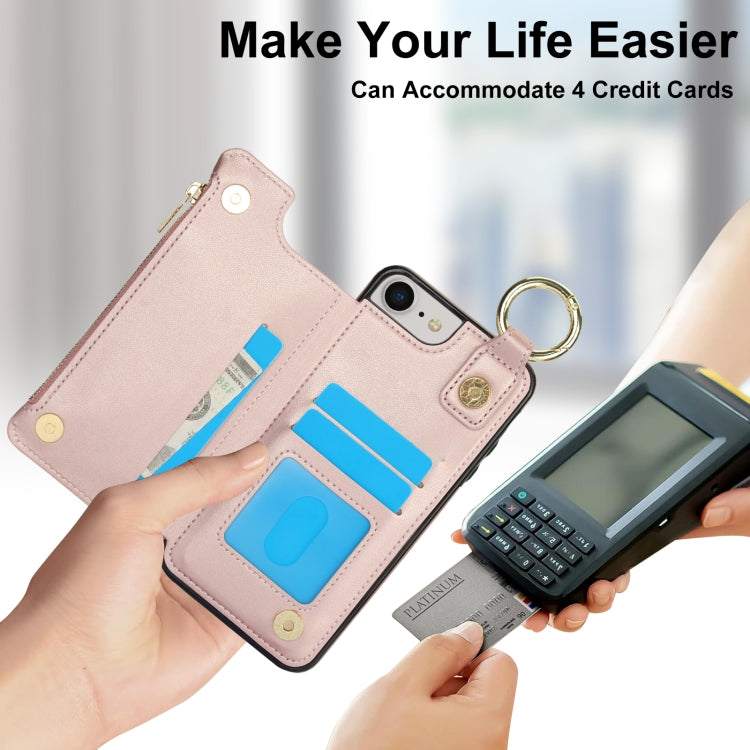 For iPhone SE 2022 / SE 2020 / 7 / 8 RFlD Anti-theft Double Buckle Ring Zipper Card Phone Case(Rose Gold) - iPhone SE 2022 / 2020 / 8 / 7 Cases by buy2fix | Online Shopping UK | buy2fix