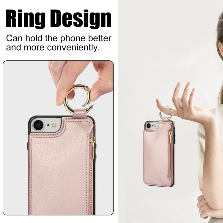 For iPhone SE 2022 / SE 2020 / 7 / 8 RFlD Anti-theft Double Buckle Ring Zipper Card Phone Case(Rose Gold) - iPhone SE 2022 / 2020 / 8 / 7 Cases by buy2fix | Online Shopping UK | buy2fix
