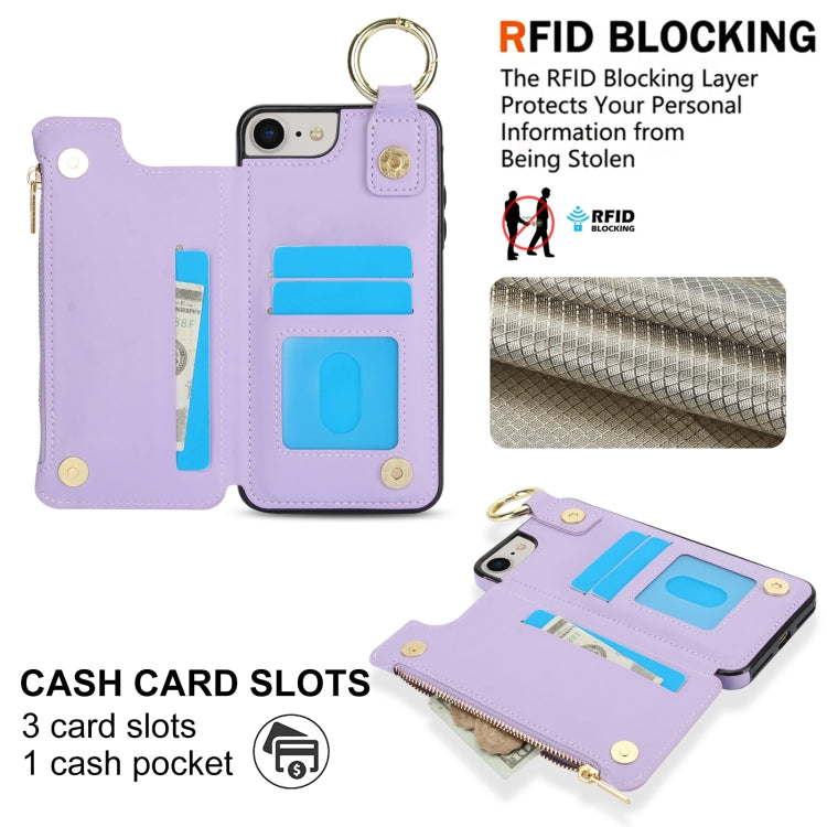 For iPhone SE 2022 / SE 2020 / 7 / 8 RFlD Anti-theft Double Buckle Ring Zipper Card Phone Case(Purple) - iPhone SE 2022 / 2020 / 8 / 7 Cases by buy2fix | Online Shopping UK | buy2fix