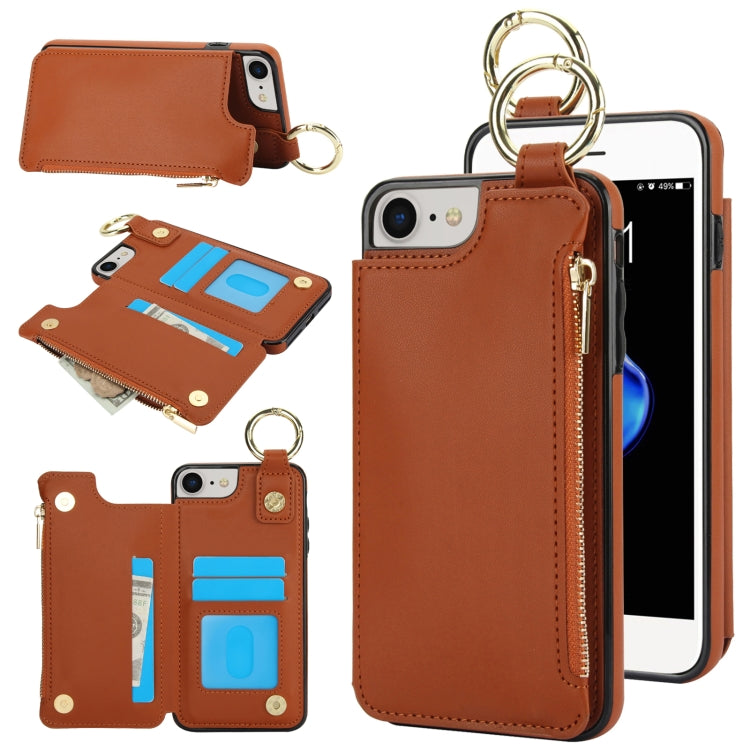 For iPhone SE 2022 / SE 2020 / 7 / 8 RFlD Anti-theft Double Buckle Ring Zipper Card Phone Case(Brown) - iPhone SE 2022 / 2020 / 8 / 7 Cases by buy2fix | Online Shopping UK | buy2fix