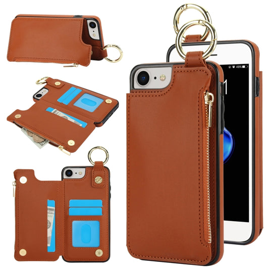 For iPhone SE 2022 / SE 2020 / 7 / 8 RFlD Anti-theft Double Buckle Ring Zipper Card Phone Case(Brown) - iPhone SE 2022 / 2020 / 8 / 7 Cases by buy2fix | Online Shopping UK | buy2fix
