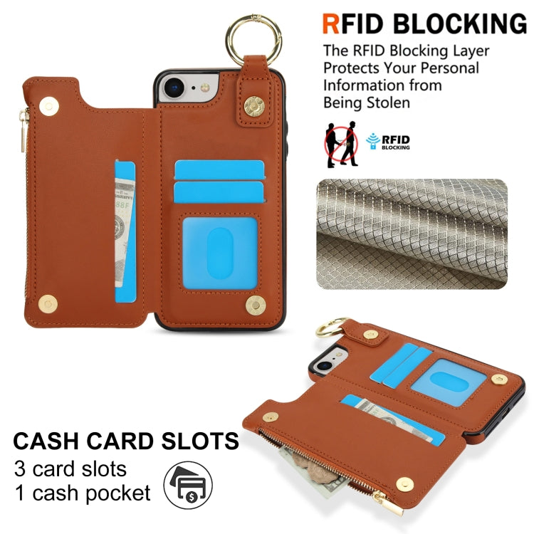 For iPhone SE 2022 / SE 2020 / 7 / 8 RFlD Anti-theft Double Buckle Ring Zipper Card Phone Case(Brown) - iPhone SE 2022 / 2020 / 8 / 7 Cases by buy2fix | Online Shopping UK | buy2fix