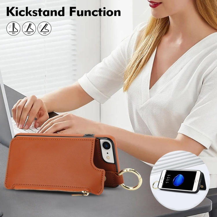 For iPhone SE 2022 / SE 2020 / 7 / 8 RFlD Anti-theft Double Buckle Ring Zipper Card Phone Case(Brown) - iPhone SE 2022 / 2020 / 8 / 7 Cases by buy2fix | Online Shopping UK | buy2fix