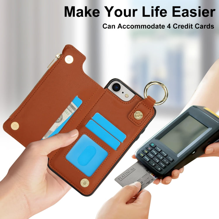 For iPhone SE 2022 / SE 2020 / 7 / 8 RFlD Anti-theft Double Buckle Ring Zipper Card Phone Case(Brown) - iPhone SE 2022 / 2020 / 8 / 7 Cases by buy2fix | Online Shopping UK | buy2fix