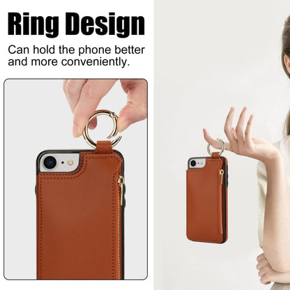 For iPhone SE 2022 / SE 2020 / 7 / 8 RFlD Anti-theft Double Buckle Ring Zipper Card Phone Case(Brown) - iPhone SE 2022 / 2020 / 8 / 7 Cases by buy2fix | Online Shopping UK | buy2fix
