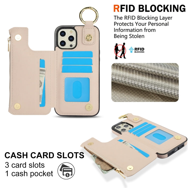 For iPhone 13 Pro Max RFlD Anti-theft Double Buckle Ring Zipper Card Phone Case(White) - iPhone 13 Pro Max Cases by buy2fix | Online Shopping UK | buy2fix