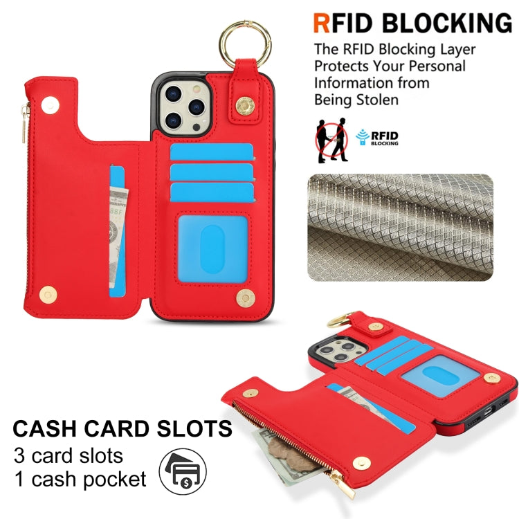 For iPhone 13 Pro Max RFlD Anti-theft Double Buckle Ring Zipper Card Phone Case(Red) - iPhone 13 Pro Max Cases by buy2fix | Online Shopping UK | buy2fix