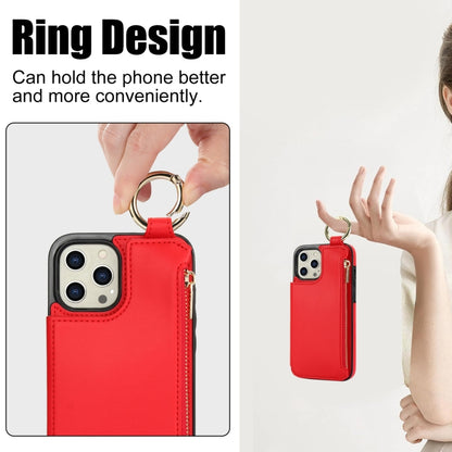 For iPhone 13 Pro Max RFlD Anti-theft Double Buckle Ring Zipper Card Phone Case(Red) - iPhone 13 Pro Max Cases by buy2fix | Online Shopping UK | buy2fix
