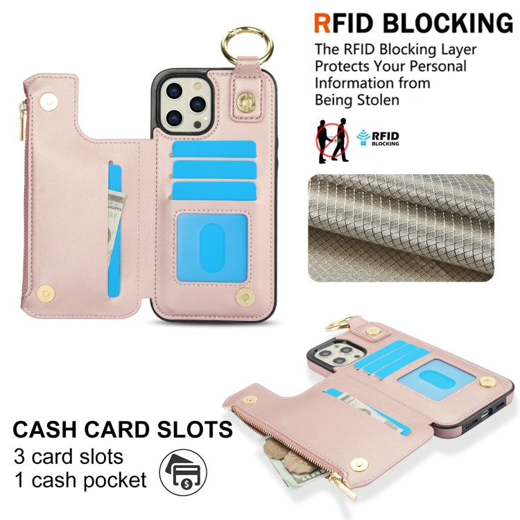 For iPhone 13 Pro Max RFlD Anti-theft Double Buckle Ring Zipper Card Phone Case(Rose Gold) - iPhone 13 Pro Max Cases by buy2fix | Online Shopping UK | buy2fix