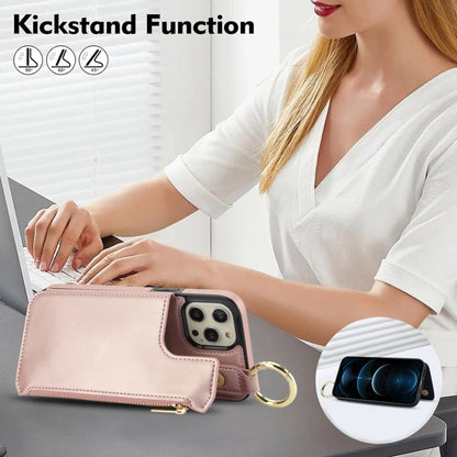 For iPhone 13 Pro Max RFlD Anti-theft Double Buckle Ring Zipper Card Phone Case(Rose Gold) - iPhone 13 Pro Max Cases by buy2fix | Online Shopping UK | buy2fix