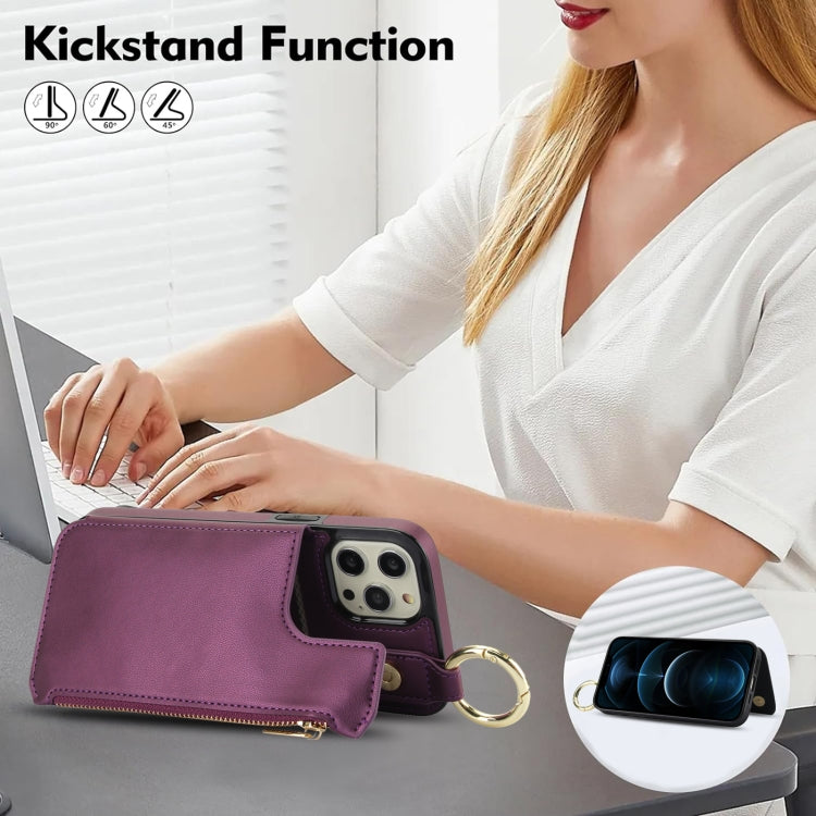 For iPhone 13 Pro Max RFlD Anti-theft Double Buckle Ring Zipper Card Phone Case(Dark Purple) - iPhone 13 Pro Max Cases by buy2fix | Online Shopping UK | buy2fix