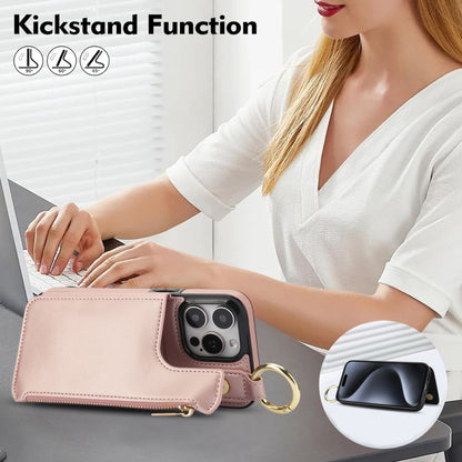 For iPhone 13 Pro RFlD Anti-theft Double Buckle Ring Zipper Card Phone Case(Rose Gold) - iPhone 13 Pro Cases by buy2fix | Online Shopping UK | buy2fix