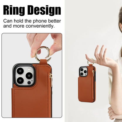 For iPhone 13 Pro RFlD Anti-theft Double Buckle Ring Zipper Card Phone Case(Brown) - iPhone 13 Pro Cases by buy2fix | Online Shopping UK | buy2fix