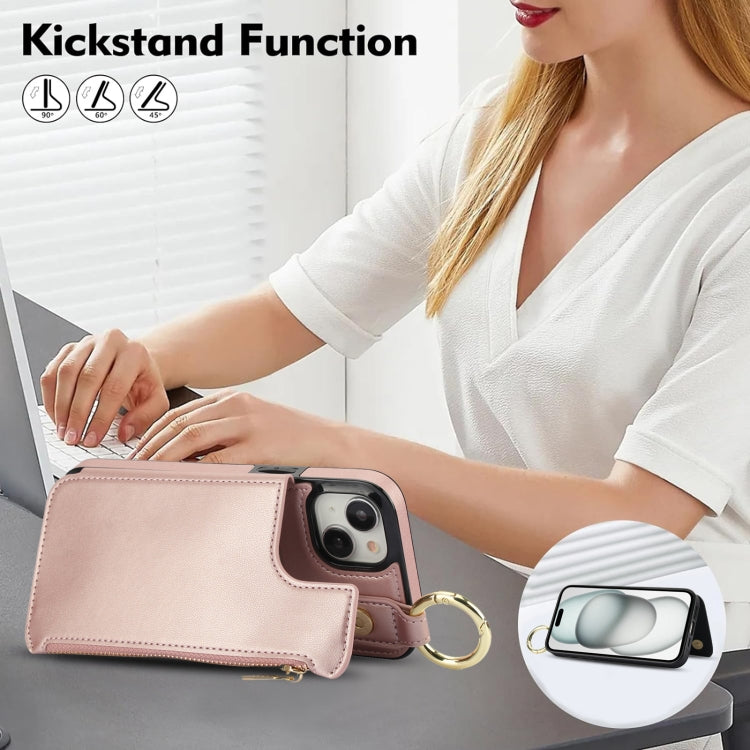 For iPhone 13 mini RFlD Anti-theft Double Buckle Ring Zipper Card Phone Case(Rose Gold) - iPhone 13 mini Cases by buy2fix | Online Shopping UK | buy2fix