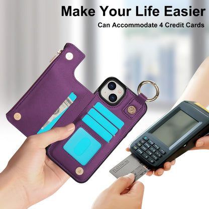 For iPhone 13 mini RFlD Anti-theft Double Buckle Ring Zipper Card Phone Case(Dark Purple) - iPhone 13 mini Cases by buy2fix | Online Shopping UK | buy2fix