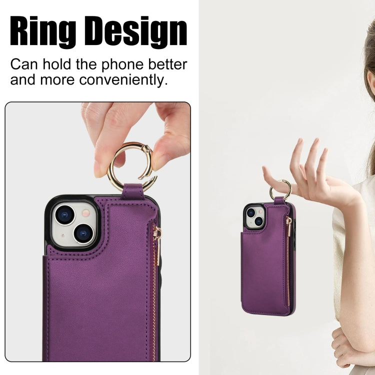 For iPhone 13 mini RFlD Anti-theft Double Buckle Ring Zipper Card Phone Case(Dark Purple) - iPhone 13 mini Cases by buy2fix | Online Shopping UK | buy2fix