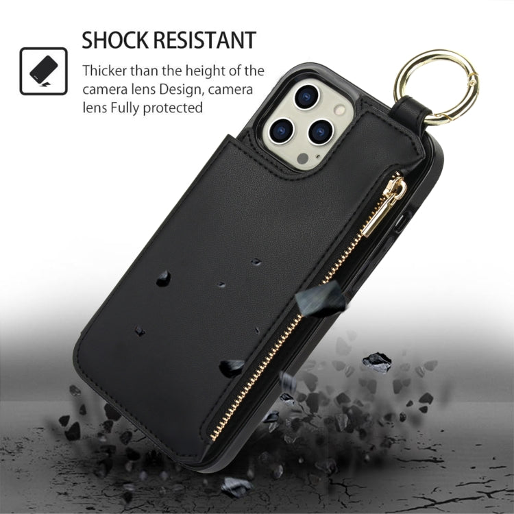 For iPhone 12 Pro RFlD Anti-theft Double Buckle Ring Zipper Card Phone Case(Black) - iPhone 12 / 12 Pro Cases by buy2fix | Online Shopping UK | buy2fix
