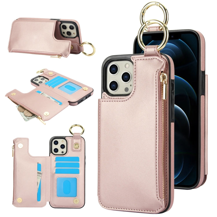 For iPhone 12 Pro RFlD Anti-theft Double Buckle Ring Zipper Card Phone Case(Rose Gold) - iPhone 12 / 12 Pro Cases by buy2fix | Online Shopping UK | buy2fix