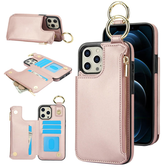For iPhone 12 Pro RFlD Anti-theft Double Buckle Ring Zipper Card Phone Case(Rose Gold) - iPhone 12 / 12 Pro Cases by buy2fix | Online Shopping UK | buy2fix